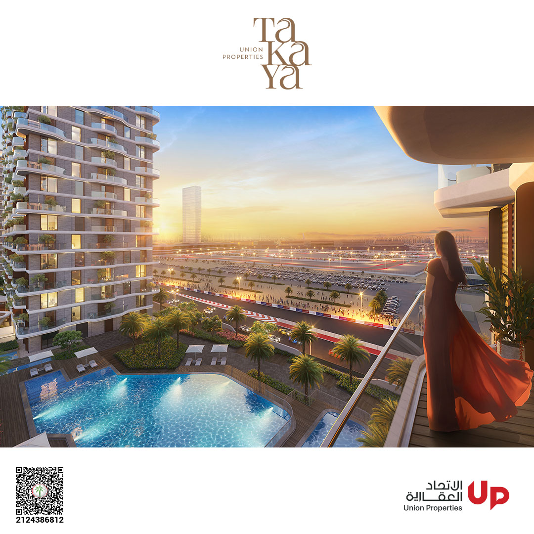 Sunset view over Dubai Autodrome from a TAKAYA residence balcony